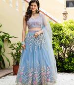 Delightfully Sky-Blue Zari and Sequins Embroidered Net Indian wedding Designer lehenga choli