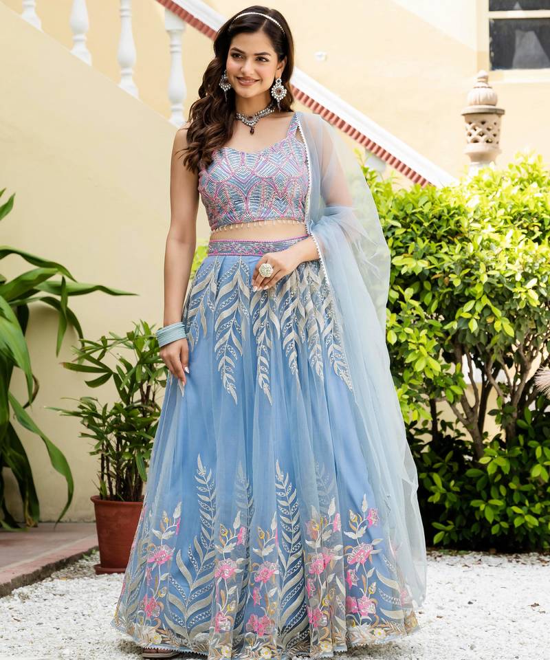 Delightfully Sky-Blue Zari and Sequins Embroidered Net Indian wedding Designer lehenga choli