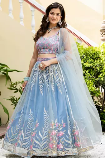Delightfully Sky-Blue Zari and Sequins Embroidered Net Indian wedding Designer lehenga choli