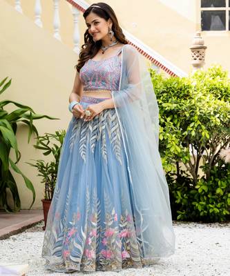 Delightfully Sky-Blue Zari and Sequins Embroidered Net Indian wedding Designer lehenga choli 4