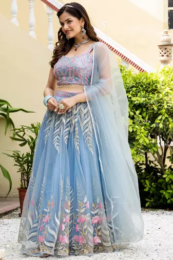Delightfully Sky-Blue Zari and Sequins Embroidered Net Indian wedding Designer lehenga choli