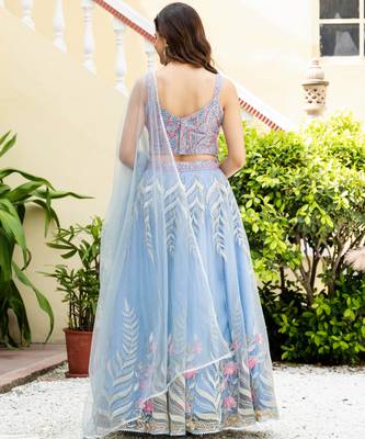 Delightfully Sky-Blue Zari and Sequins Embroidered Net Indian wedding Designer lehenga choli 6