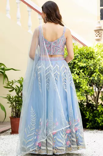 Delightfully Sky-Blue Zari and Sequins Embroidered Net Indian wedding Designer lehenga choli