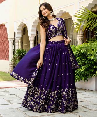 Attractive Blue Zari and Sequins Embroidered Vichitra Silk Indian wedding Designer lehenga choli 1