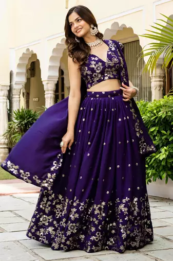 Attractive Blue Zari and Sequins Embroidered Vichitra Silk Indian wedding Designer lehenga choli