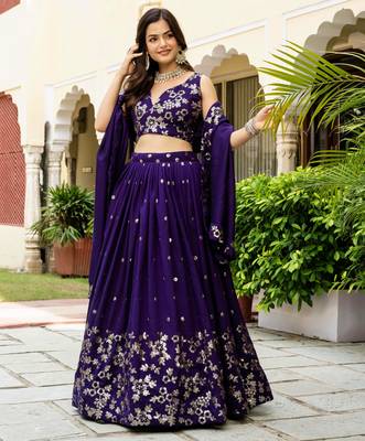 Attractive Blue Zari and Sequins Embroidered Vichitra Silk Indian wedding Designer lehenga choli 4