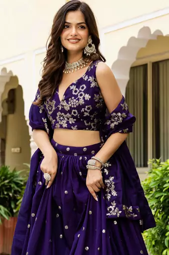 Attractive Blue Zari and Sequins Embroidered Vichitra Silk Indian wedding Designer lehenga choli