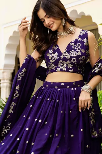 Attractive Blue Zari and Sequins Embroidered Vichitra Silk Indian wedding Designer lehenga choli