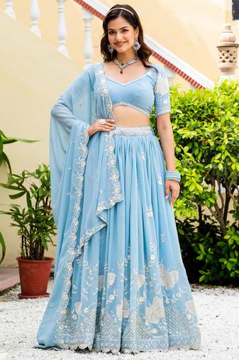 Captivating Sky-Blue Multi Sequence, embroidery Faux Georgette Indian wedding Designer lehenga choli