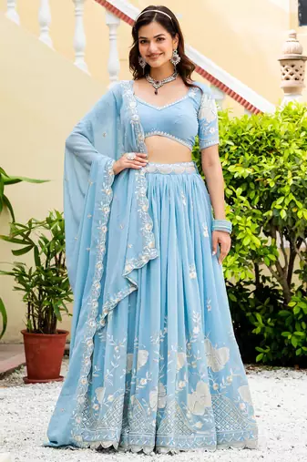 Captivating Sky-Blue Multi Sequence, embroidery Faux Georgette Indian wedding Designer lehenga choli
