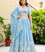 Captivating Sky-Blue Multi Sequence, embroidery Faux Georgette Indian wedding Designer lehenga choli