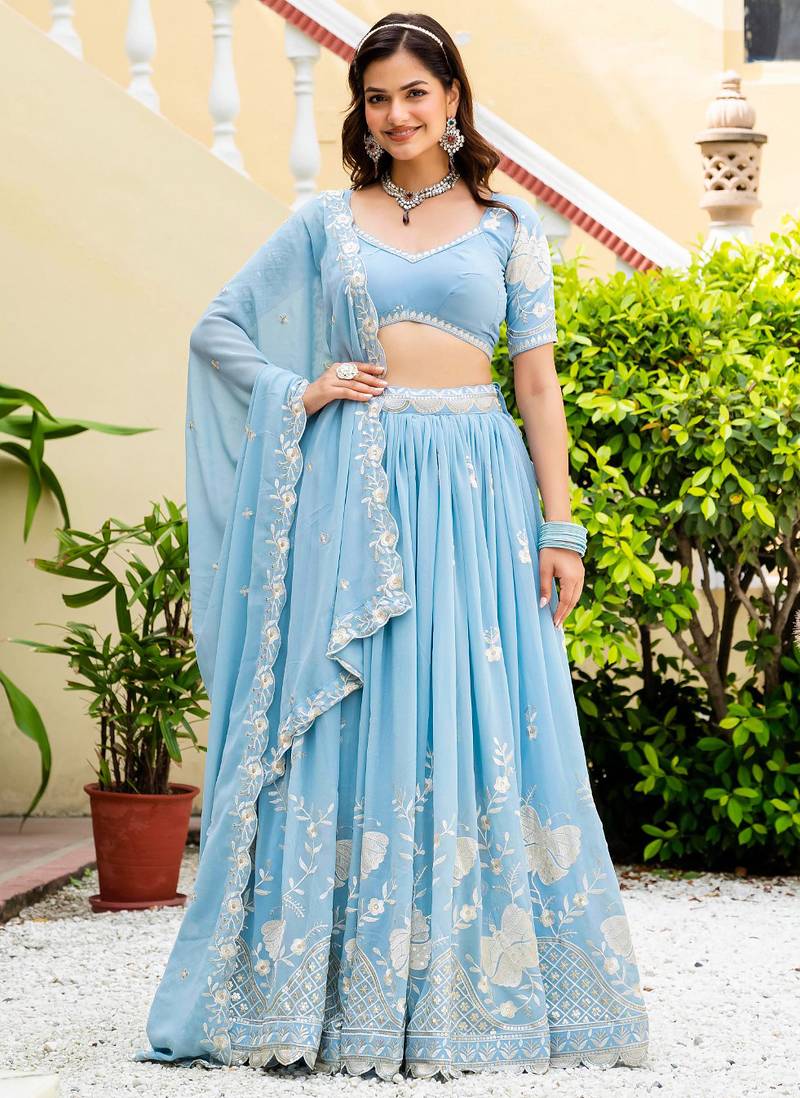 Captivating Sky-Blue Multi Sequence, embroidery Faux Georgette Indian wedding Designer lehenga choli