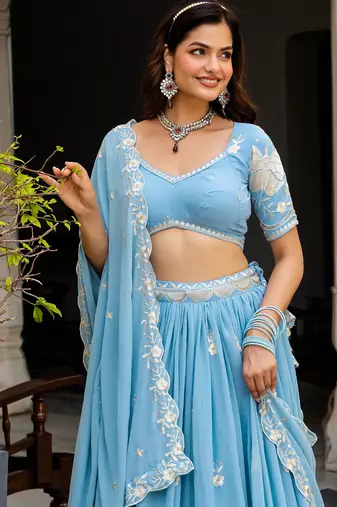 Captivating Sky-Blue Multi Sequence, embroidery Faux Georgette Indian wedding Designer lehenga choli