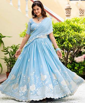 Captivating Sky-Blue Multi Sequence embroidery Faux Georgette Indian wedding Designer lehenga choli 6