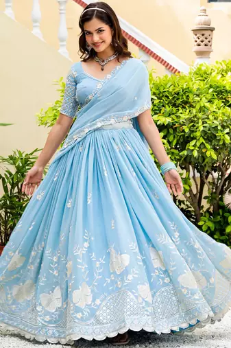 Captivating Sky-Blue Multi Sequence, embroidery Faux Georgette Indian wedding Designer lehenga choli