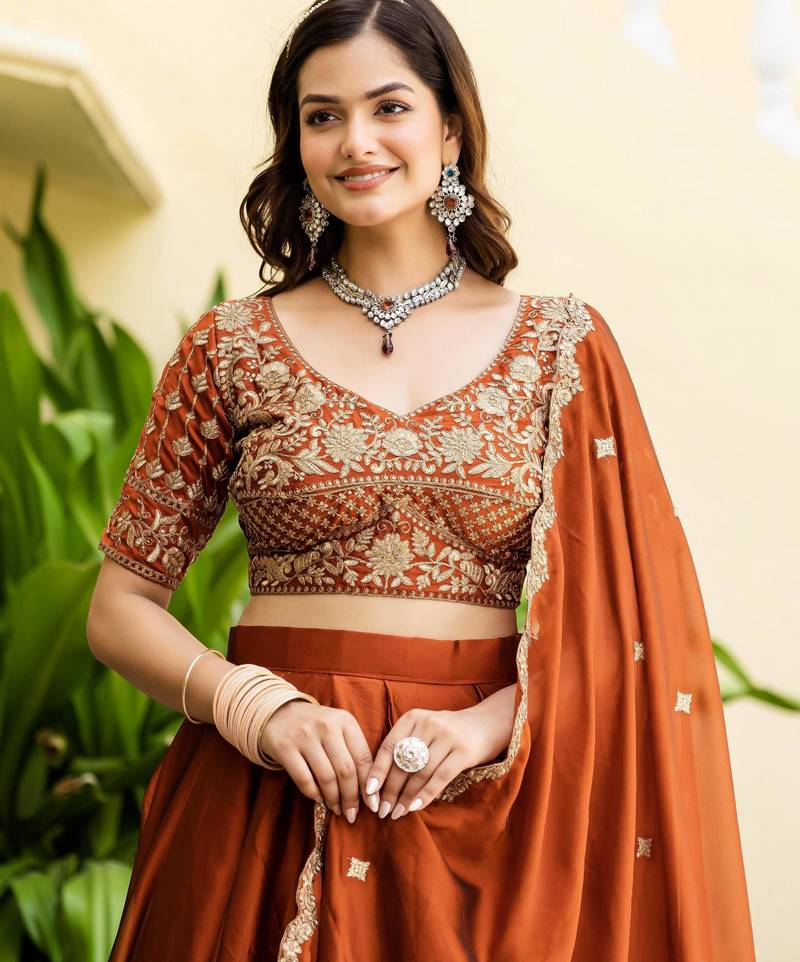 Appealing Rust Orange Zari and Sequins, and Thread Embroidered Rangoli silk Indian wedding Designer lehenga choli