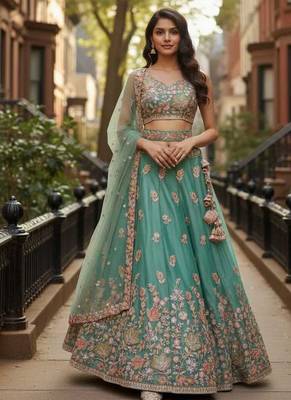 Engaging Sea-Green Zari and Sequins, and Thread Embroidered Fendy Silk Indian wedding Designer lehenga choli 1
