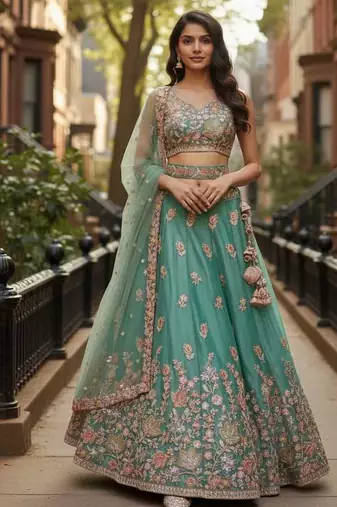 Engaging Sea-Green Zari and Sequins, and Thread Embroidered Fendy Silk Indian wedding Designer lehenga choli