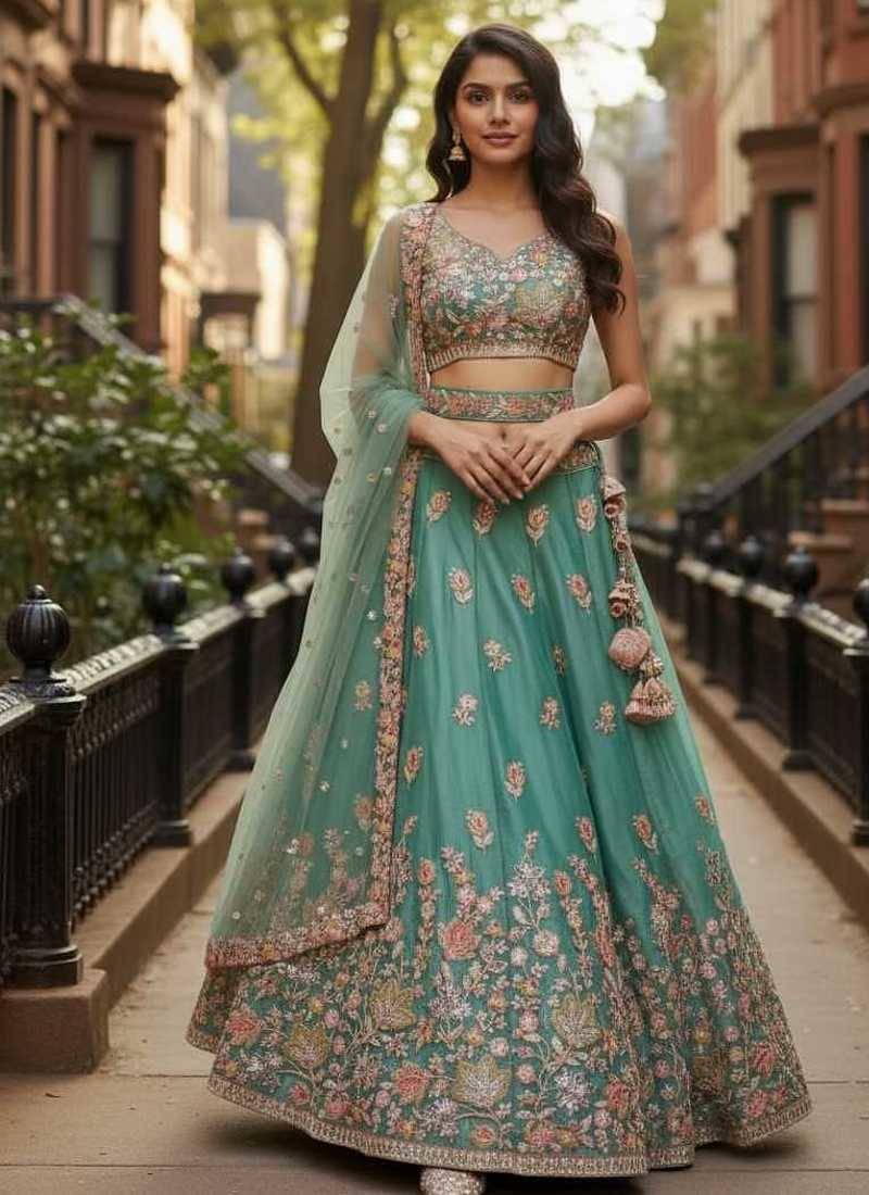 Engaging Sea-Green Zari and Sequins, and Thread Embroidered Fendy Silk Indian wedding Designer lehenga choli