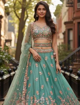Engaging Sea-Green Zari and Sequins, and Thread Embroidered Fendy Silk Indian wedding Designer lehenga choli 2