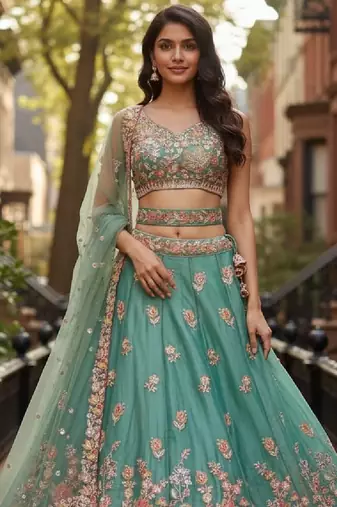 Engaging Sea-Green Zari and Sequins, and Thread Embroidered Fendy Silk Indian wedding Designer lehenga choli