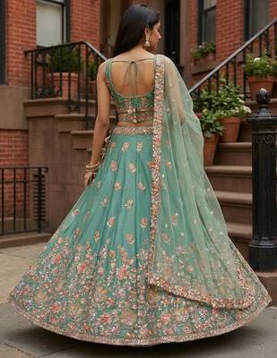 Engaging Sea-Green Zari and Sequins, and Thread Embroidered Fendy Silk Indian wedding Designer lehenga choli 3