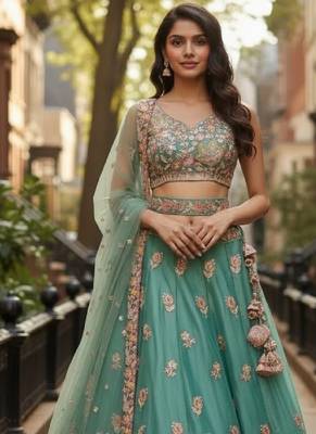Engaging Sea-Green Zari and Sequins, and Thread Embroidered Fendy Silk Indian wedding Designer lehenga choli 4