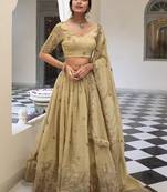 Dazzling Beige Zari and Sequins, and Thread Embroidered Gold Crush Indian wedding Designer lehenga choli