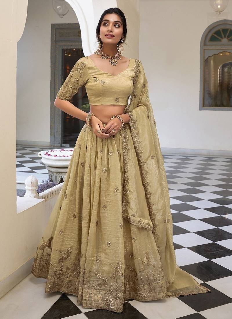 Dazzling Beige Zari and Sequins, and Thread Embroidered Gold Crush Indian wedding Designer lehenga choli