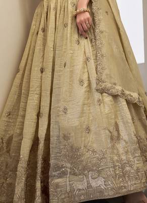 Dazzling Beige Zari and Sequins and Thread Embroidered Gold Crush Indian wedding Designer lehenga choli 4