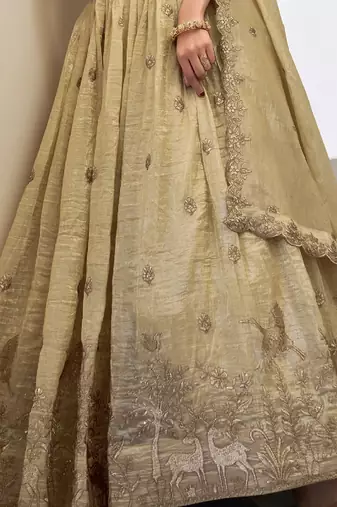 Dazzling Beige Zari and Sequins and Thread Embroidered Gold Crush Indian wedding Designer lehenga choli