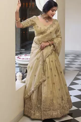 Dazzling Beige Zari and Sequins and Thread Embroidered Gold Crush Indian wedding Designer lehenga choli