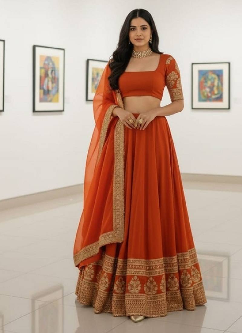 Alluring Fenta Orange Zari and Sequins, and Thread Embroidered Faux Georgette Indian wedding Designer lehenga choli