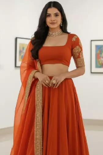 Alluring Fenta Orange Zari and Sequins, and Thread Embroidered Faux Georgette Indian wedding Designer lehenga choli
