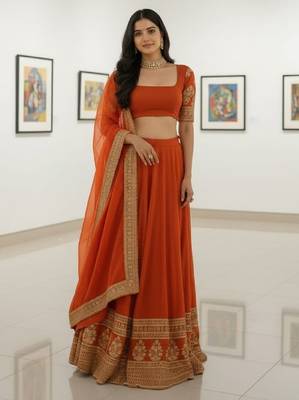 Alluring Fenta Orange Zari and Sequins, and Thread Embroidered Faux Georgette Indian wedding Designer lehenga choli 3