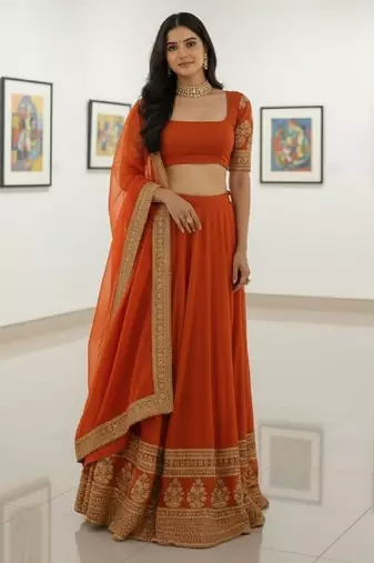 Alluring Fenta Orange Zari and Sequins, and Thread Embroidered Faux Georgette Indian wedding Designer lehenga choli
