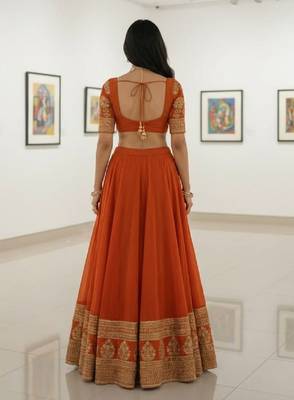 Alluring Fenta Orange Zari and Sequins, and Thread Embroidered Faux Georgette Indian wedding Designer lehenga choli 4