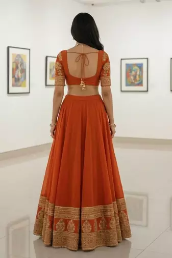 Alluring Fenta Orange Zari and Sequins, and Thread Embroidered Faux Georgette Indian wedding Designer lehenga choli