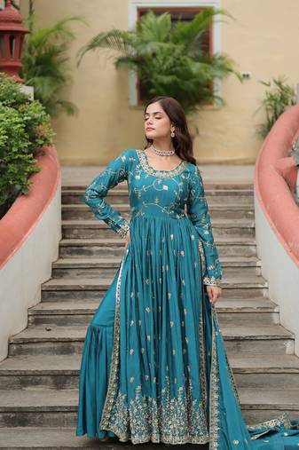 blue chinon embroidered anarkali sharara set