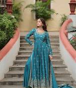 Blue chinon embroidered designer anarkali sharara set