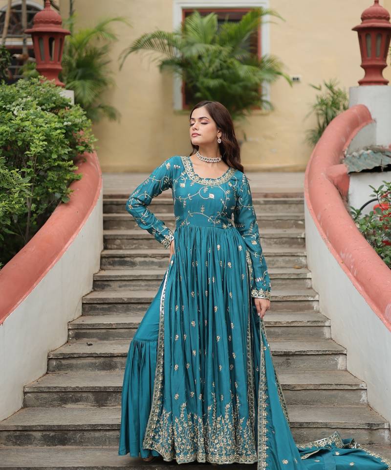 Blue chinon embroidered designer anarkali sharara set