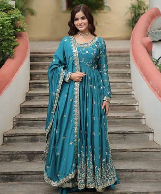 blue chinon embroidered anarkali sharara set 2