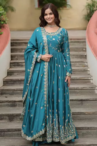 blue chinon embroidered anarkali sharara set
