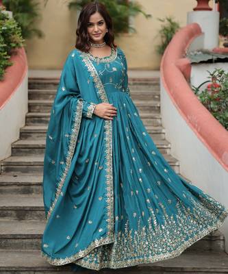 blue chinon embroidered anarkali sharara set 3