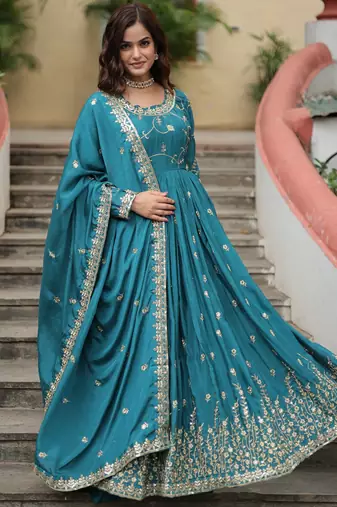 blue chinon embroidered anarkali sharara set