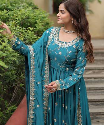 blue chinon embroidered anarkali sharara set 4