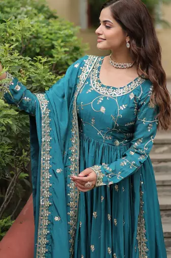 blue chinon embroidered anarkali sharara set