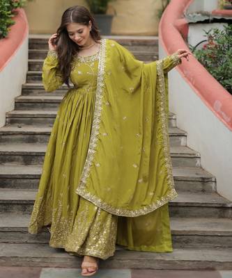 mehendi chinon embroidered anarkali sharara set 3