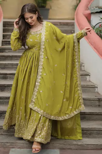 mehendi chinon embroidered anarkali sharara set