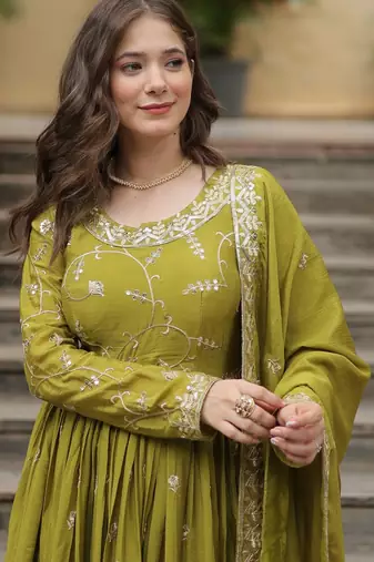mehendi chinon embroidered anarkali sharara set